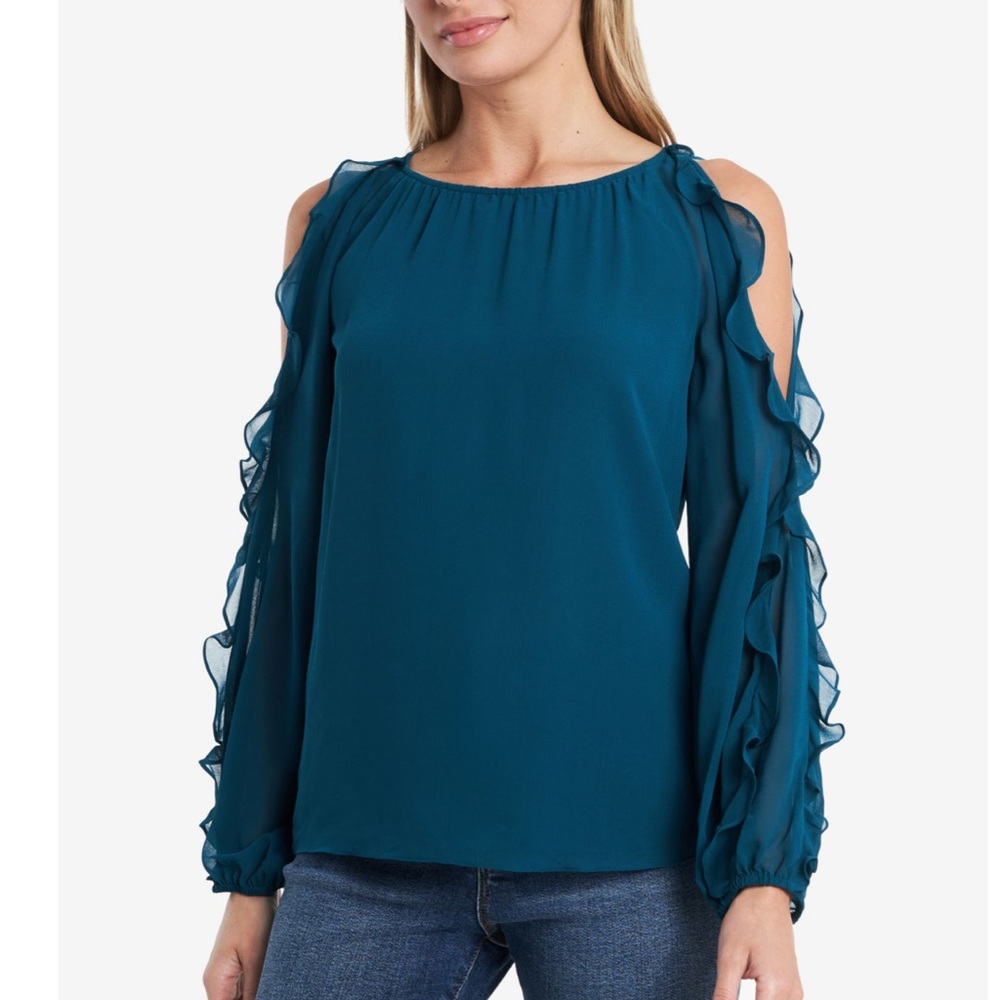 1. STATE Womens Teal Ruffled Cold Shoulder Long Sleeve Scoop Neck Top